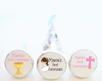 Personalized First Communion Chocolate Kiss Party Favor Stickers - Girl First Communion Favors - FCC002 - STICKER ONLY :)