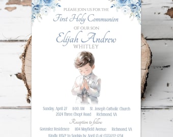 May include: Invitation to a First Holy Communion for Elijah Andrew Whitley. The invitation features a watercolor illustration of a young boy in a suit praying, with blue and white floral accents.