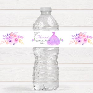 Spersonalizowane etykiety na butelki z wodą z okazji 15. urodzin Quinceanery, impreza tematyczna Quince - QUI223 - TYLKO ETYKIETY :)