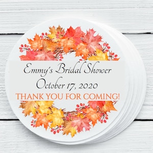 Personalized Glossy Fall Leaves Wreath Favor Labels - Wedding Bridal Shower Party Favor Stickers - Gift Tags - Sizes 1.5&quot;, 2&quot;, 2.5&quot; - TKG025