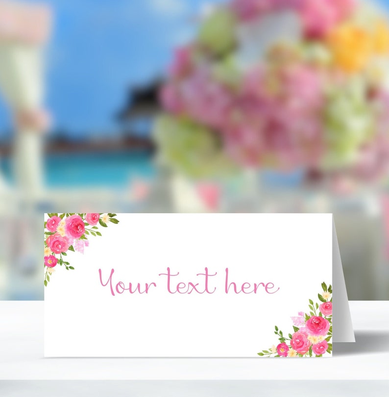 May include: White card with pink floral border and the text "Your text here" in pink.