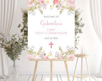 First Communion Pink Floral Welcome Sign Printable - 6 Sizes Included - You Edit & Print - DIGITAL FILE ONLY - 8" X 10" Favor Sign - FCC700