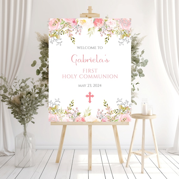 First Communion Pink Floral Welcome Sign Printable - 6 Sizes Included - You Edit & Print - DIGITAL FILE ONLY - 8" X 10" Favor Sign - FCC700