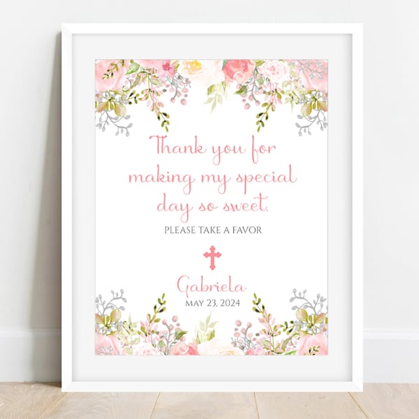 First Communion Pink Floral Favor Sign Printable - Communion Party - You Edit & Print - DIGITAL FILE ONLY - 8" X 10" Favor Sign - FCC701