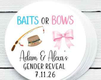 Personalized Glossy Baits or Bows Fishing Theme Gender Reveal Favor Labels - Shower Stickers - Gift Tags - 1.5", 2", 2.5" sizes - BOB034