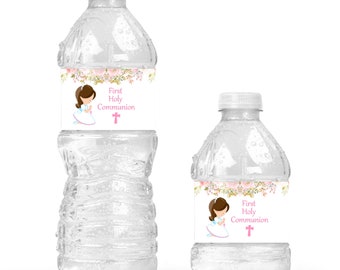 Pink Floral Girl First Communion Water Bottle Labels - Floral Girl First Communion Party Supplies - FCC236b - LABELS ONLY :)
