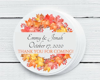Personalized Glossy Fall Leaves Wreath Favor Labels - Wedding Bridal Shower Party Favor Stickers - Gift Tags - Sizes 1.5", 2", 2.5" - TKG026