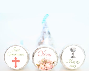 Personalized Floral First Communion Chocolate Kiss Party Favor Stickers - First Communion Favors - FCC008 - STICKER ONLY :)