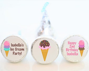 Personalized Ice Cream Birthday Party Favor Hershey Kiss Stickers - Ice Cream Theme Party Favors - 3 Designs - ICE001 - STICKERS ONLY :)