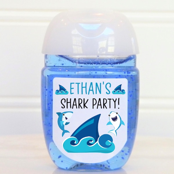 Personalized Shark Theme Birthday Party Hand Sanitizer Favor Labels - Shark Favor Labels - SHK100 - LABELS ONLY :)