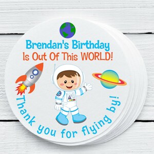 Personalized Glossy Astronaut Birthday Party Favor Label Stickers - Outer Space Labels - Gift Tag Stickers - 1.5&quot;, 2&quot;, 2.5&quot; sizes AST025