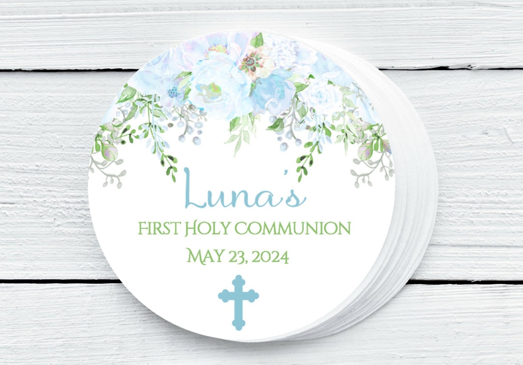 Personalized Round Blue Floral First Communion or Baptism Party Favor ...