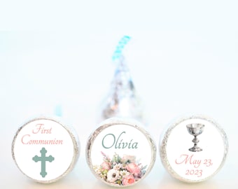 Personalized Floral First Communion Chocolate Kiss Party Favor Stickers - First Communion Favors - FCC007 - STICKER ONLY :)