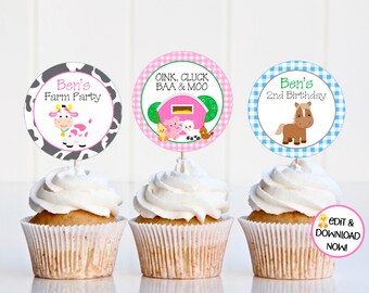 Personalized Farm Party Printables, Farm Party Cupcake Toppers - You Print - DIGITAL FILE ONLY - 2" Round Cupcake Toppers - FAR382
