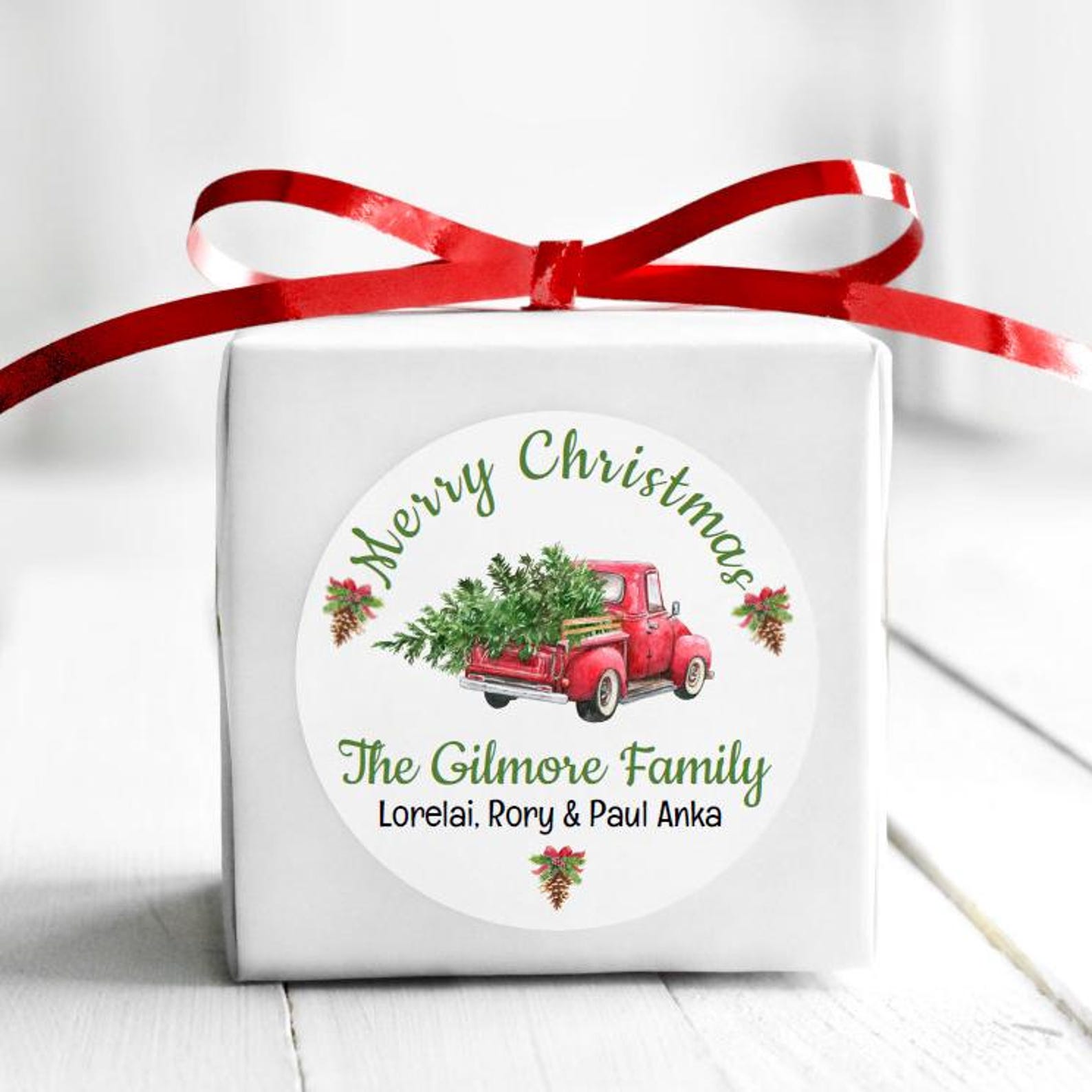 Personalized Vintage Red Truck Christmas Party Favor Stickers - Gift ...