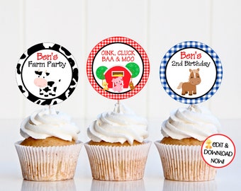 Personalized Farm Party Printables, Farm Party Cupcake Toppers - You Print - DIGITAL FILE ONLY - 2" Round Cupcake Toppers - FAR380