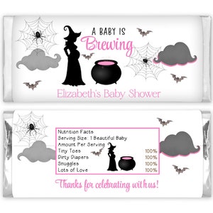 Baby is Brewing Pink Witch Baby Shower Full Size Candy Bar Labels, Halloween Theme Baby Shower Party - BIB900 - LABELS ONLY :)