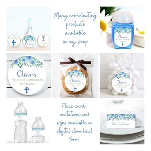 Pu&ograve; includere: Un set di decorazioni per feste stampabili per una celebrazione della Prima Comunione. Le decorazioni presentano un design floreale ad acquerello blu e bianco con il nome "Oliver's" e la data "May 23, 2024". Il set include etichette per bottiglie d'acqua, sacchetti regalo, biscotti e bottiglie di disinfettante per le mani. Sono disponibili anche segnaposto, inviti e cartelli in formato digitale scaricabile.