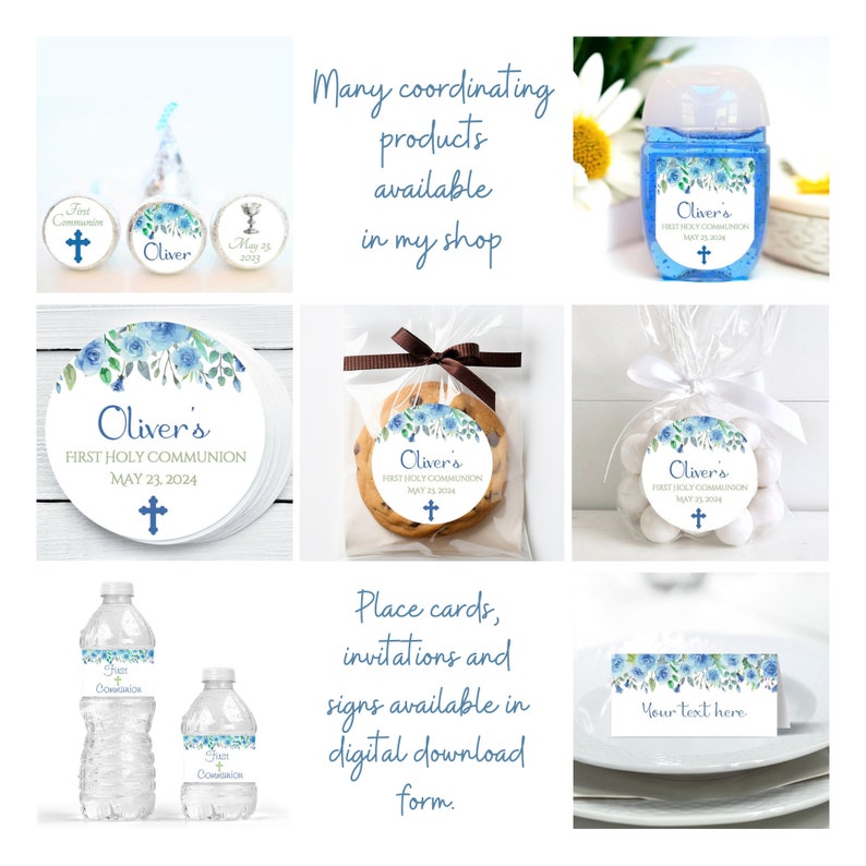 Pu&ograve; includere: Un set di decorazioni per feste stampabili per una celebrazione della Prima Comunione. Le decorazioni presentano un design floreale ad acquerello blu e bianco con il nome "Oliver's" e la data "May 23, 2024". Il set include etichette per bottiglie d'acqua, sacchetti regalo, biscotti e bottiglie di disinfettante per le mani. Sono disponibili anche segnaposto, inviti e cartelli in formato digitale scaricabile.