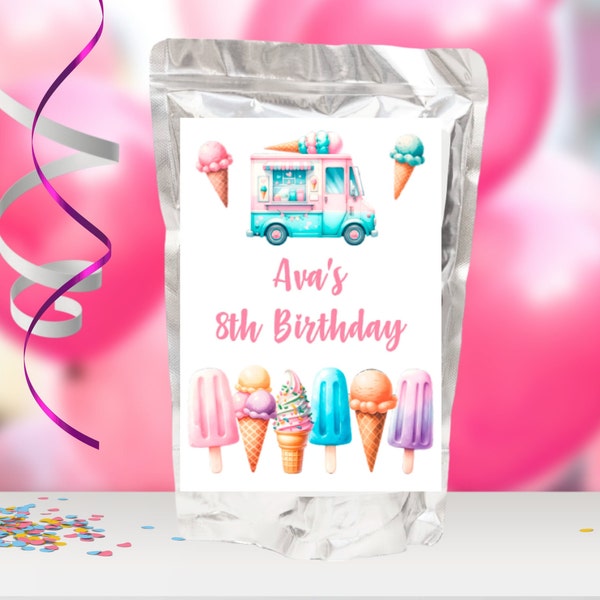 Personalized Ice Cream Theme Birthday Party Juice Pouch Labels - Summer Birthday Theme Party - Ice Cream Truck - ICE260 - LABELS ONLY :)