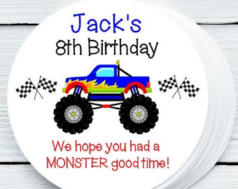 Etiquetas personalizadas de favor de fiesta de cumpleaños de Monster Truck brillante - Etiquetas de favor de Monster Truck - Etiquetas de regalo - tamaños de 1,5", 2", 2,5" - MTR025