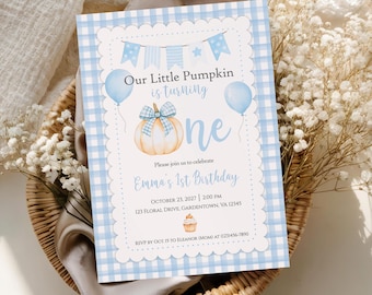 Editable Our Little Pumpkin Theme Blue 1st Birthday Party Invitation, 5 X 7 Printable Invitation - You Print - DIGITAL FILE ONLY - OLP502