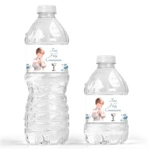 Praying Boy Floral First Communion Water Bottle Labels - Blue Floral First Communion Party Supplies - FCC234b - LABELS ONLY :)