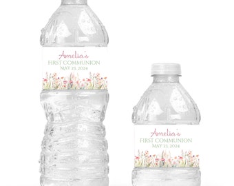 Etiquetas personalizadas para botellas de agua de primera comunión floral de flores silvestres - Comunión de niña - FCC226 - SOLO ETIQUETAS :)