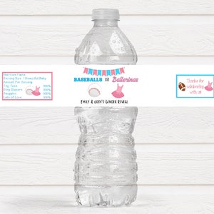 Etiquetas personalizadas para botellas de agua de baby shower con revelación de género de pelotas de béisbol o bailarinas - BAB220 - SÓLO ETIQUETAS :)