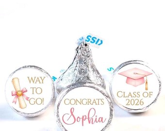 Personalized Pink Watercolor Graduation Party Favor Candy Stickers - Mix of 3 Designs - GRD014 - STICKERS ONLY :)