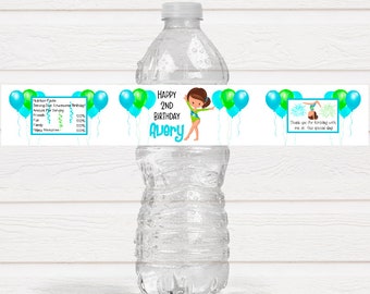 May include: Water bottle label with a blue and green color scheme. The label features a cartoon girl gymnast, balloons, and the text "Happy 2nd Birthday Avery".