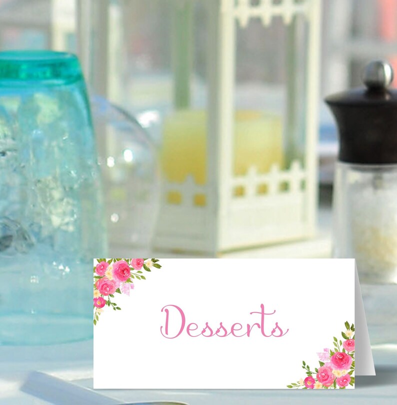 May include: White card with pink floral accents and the word "Desserts" in pink script.