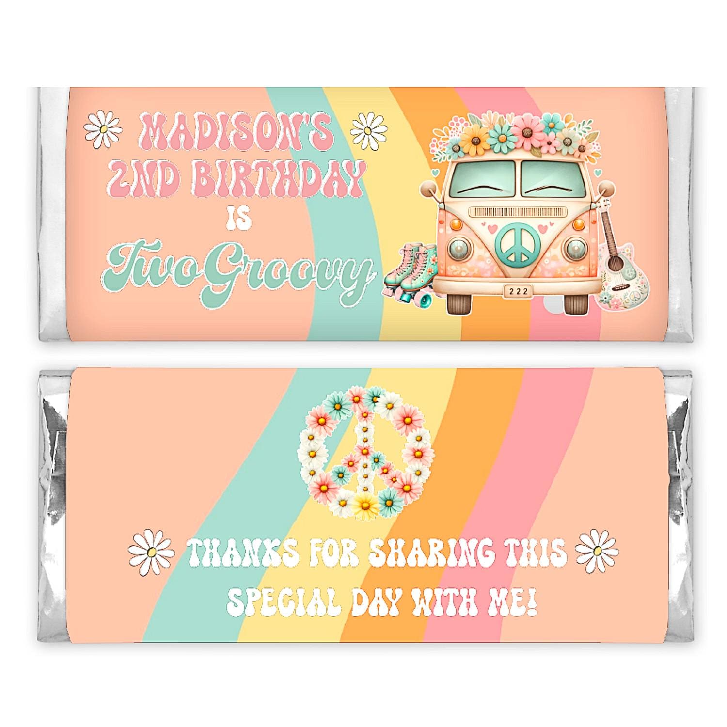 Personalized Two Groovy Retro Birthday Party Full Size Candy Bar Labels ...