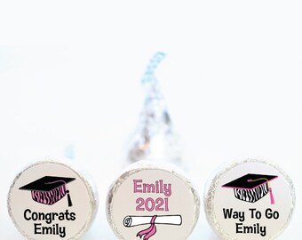 Personalized Graduation Party Favor Candy Kiss Stickers - Pink Zebra Graduation Party Favors - Mix of 3 Designs - GRD001- STICKERS ONLY :)