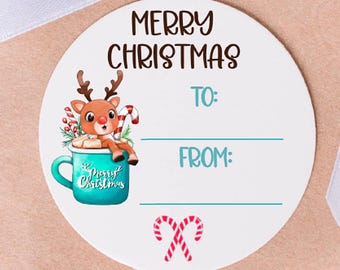 Etiquetas de regalo personalizadas con reno navideño brillante en taza - Etiquetas adhesivas para regalo de Navidad - Etiquetas de regalo - CHR066 - Tamaños: 1.5", 2", 2.5"