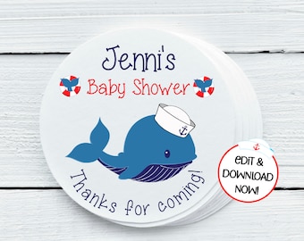 Nautical Whale Baby Shower Printables,  Nautical Party gift tags - You Print - DIGITAL FILE ONLY - Gift Tags - 1.5", 2", 2.5" sizes - NAB025