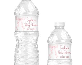 Roze strik thema meisjes babyshower waterflesetiketten - Roze strik thema babyshower - ALLEEN LABELS :) PBO220