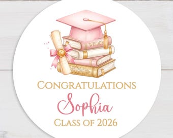 Personalized Pink Graduation Favor Round Label Stickers - Round Favor Labels - 1.5", 2", 2.5" sizes - GRD029