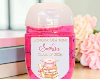 Personalized Pink Graduation Hand Sanitizer Party Favor Stickers,  Graduation Party Supplies - GRD108 - LABELS ONLY