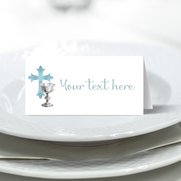 Blue First Communion Table Tents or Place Cards Printables, Communion Table Decor - You Edit & Print - DIGITAL FILE ONLY - FCC909