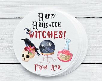 Personalized Glossy Halloween Witches Favor Labels - Halloween Party Favor Stickers - Gift Tags - Sizes 1.5", 2", 2.5" - HAL029