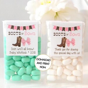 May include: Two clear plastic containers filled with pastel-colored mints. Each container has a printed label with the text "BOOTS or BOWS" and a graphic of a cowboy boot and a pink bow. One label reads "Soon we'll all know! Baby Whitlock * 2018" and the other reads "Thank you for sharing this special day with us!"