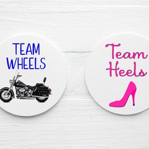 Personalized Glossy Team Heels Team Wheels Motorcycle Gender Reveal Favor Labels - Half of Each - Gift Tags - HOW027 - 1.5&quot;, 2&quot;, 2.5&quot; sizes