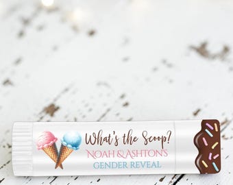 What's The Scoop Ice Cream Theme Gender Reveal Lip Balm Party Favor Labels - Ice Cream Theme Favors - SCO241 - LABELS ONLY