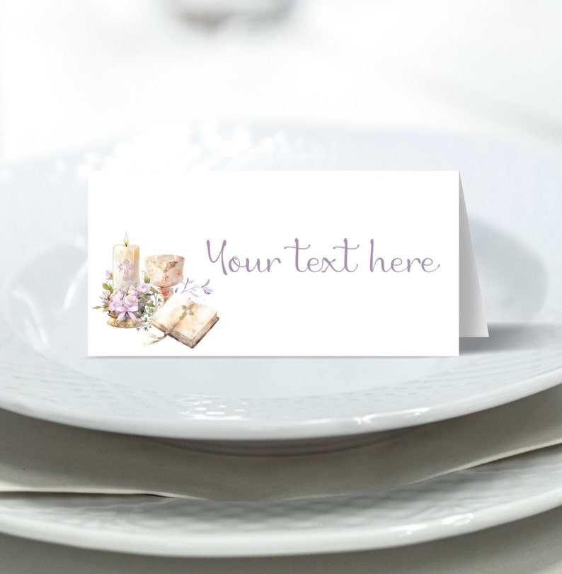 May include: White place card with a watercolor illustration of a candle, chalice, book, and flowers. The text "Your text here" is printed in purple.