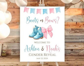 Boots or Bows Gender Reveal Welcome Sign Printable - 6 Sizes Included - You Edit & Print - DIGITAL FILE ONLY - Editable Favor Signs - BOB701