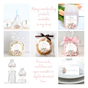 May include: A set of personalized party favors for a First Holy Communion celebration. The favors include water bottles, hand sanitizer, popcorn, cookies, and candy. The favors are decorated with a floral design and the name "Olivia's" and the date "May 23, 2023".