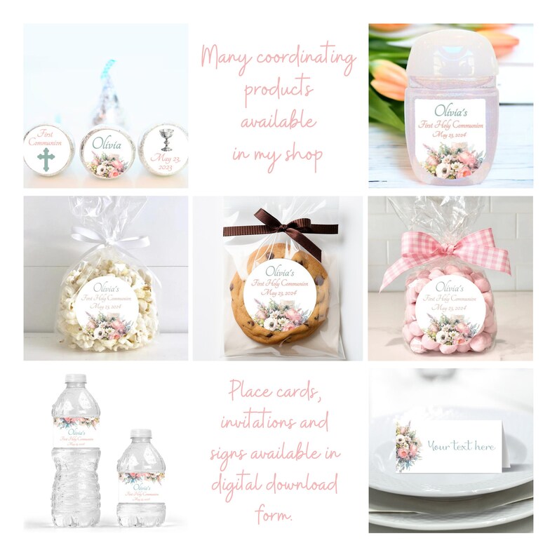 May include: A set of personalized party favors for a First Holy Communion celebration. The favors include water bottles, hand sanitizer, popcorn, cookies, and candy. The favors are decorated with a floral design and the name "Olivia's" and the date "May 23, 2023".