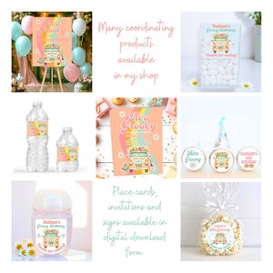 May include: A collage of party supplies with a retro theme. Includes a sign, water bottle labels, candy box, stickers, and popcorn bags. The products feature a colorful van and the text "Five Groovy Birthday".