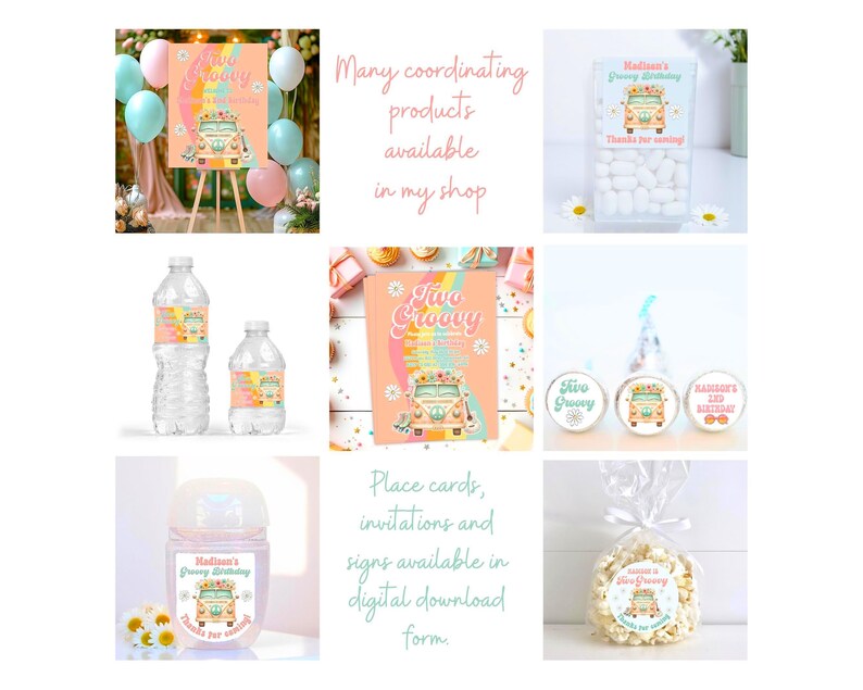 May include: A collage of party supplies with a retro theme. Includes a sign, water bottle labels, candy box, stickers, and popcorn bags. The products feature a colorful van and the text "Five Groovy Birthday".